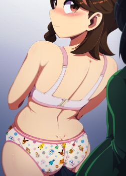 1girl bra brown_eyes brown_hair bulge character_print cubone dedenne dewott dimples_of_venus eevee erection erection_under_clothes euf-dreamer farfetch'd froslass gen_1_pokemon gen_3_pokemon gen_4_pokemon gen_5_pokemon gen_6_pokemon highres juliana_(pokemon) legendary_pokemon loli mew_(pokemon) mythical_pokemon nintendo panties pikachu piplup pokemon pokemon_sv precum print_panties torchic underwear