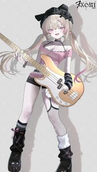 1girl absurdres animal_ears arm_warmers asymmetrical_legwear bare_shoulders bass_guitar beanie black_choker black_hat black_shoes black_shorts black_socks blonde_hair bra_strap bracelet breasts chiromi choker cleavage commission crop_top cutoffs denim denim_shorts fake_animal_ears fishnet_thighhighs fishnets hair_ornament hat highres holding holding_bass_guitar holding_instrument instrument jewelry kneehighs lace_trim long_hair looking_at_viewer medium_breasts midriff mole mole_under_eye multicolored_hair navel necklace off_shoulder open_mouth original pink_eyes pink_shirt shadow shirt shoes short_shorts short_sleeves shorts simple_background single_arm_warmer single_thighhigh smile socks solo spiked_bracelet spikes streaked_hair studded thighhighs thighs twintails white_background