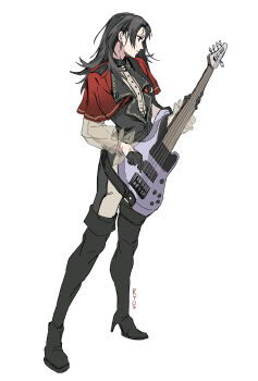 1girl 5-string_bass_guitar absurdres artist_name bang_dream! bang_dream!_it's_mygo!!!!! bass_guitar black_boots black_gloves black_hair black_pants boots capelet chinese_commentary closed_mouth commentary_request earrings extended_range_bass_guitar gloves high_heel_boots high_heels highres holding holding_bass_guitar holding_instrument instrument jewelry long_hair pants red_capelet ryow_6 see-through_clothes see-through_sleeves simple_background solo thigh_boots timoris_(bang_dream!) two-tone_pants white_background white_pants yahata_umiri