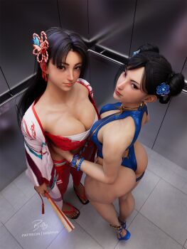 2girls 3d alternate_costume ass billyhhyb black_hair blue_one-piece_swimsuit braid braided_hair_rings breasts brown_eyes bustier butterfly_hair_ornament capcom chun-li collarbone curvy double_bun elevator eyeshadow flower folded_fan folding_fan from_above full_body hair_bun hair_flower hair_ornament hair_rings hand_fan haori highleg highleg_one-piece_swimsuit highres holding holding_fan huge_ass japanese_clothes large_breasts looking_at_viewer looking_back makeup multiple_girls off_shoulder official_alternate_costume one-piece_swimsuit pants red_bustier red_eyeshadow red_pants sandals shiny_skin shiranui_mai smile street_fighter street_fighter_6 swimsuit thick_thighs thighs thong_one-piece_swimsuit wide_hips