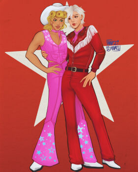 Rule 34 | 2boys, albino, alternate costume, ascot, barbie (character), barbie (franchise), barbie (live action), belt, blonde hair, cosplay, cowboy hat, earrings, giorno giovanna, hat, highres, jewelry, jojo no kimyou na bouken, male focus, marzimars, multiple boys, pannacotta fugo, pants, red eyes, short hair, smile, stereotypical barbie (live action), stereotypical barbie (live action) (cosplay), vento aureo, victory rolls, white hair