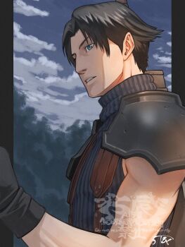 Rule 34 | 1boy, 5tatsu, angeal hewley, armor, artist name, black border, black gloves, black hair, blue eyes, blue shirt, border, buster sword, cloud, cloudy sky, commentary request, final fantasy, final fantasy vii, final fantasy vii: ever crisis, gloves, highres, male focus, outdoors, parted bangs, parted lips, pauldrons, pillarboxed, shirt, short hair, shoulder armor, sky, sleeveless, sleeveless turtleneck, solo, suspenders, sword, sword on back, toned, toned male, turtleneck, upper body, weapon, weapon on back