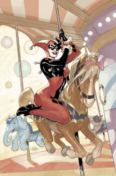 1girl absurdres asymmetrical_gloves batman_(series) black_bodysuit black_boots black_gloves black_hat black_mask blue_eyes bodysuit boots breasts carousel colored_skin dc_comics domino_mask elephant eye_mask gloves harlequin harley_quinn harley_quinn_(classic) hat highres horse looking_at_viewer mask medium_breasts multicolored_bodysuit open_mouth pig red_bodysuit red_gloves red_hat red_lips signature solo teeth terry_dodson two-tone_bodysuit two-tone_hat white_skin
