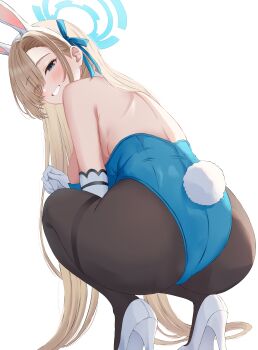 1girl absurdres animal_ear_hairband animal_ears ass asuna_(blue_archive) asuna_(bunny)_(blue_archive) backless_leotard black_pantyhose blonde_hair blue_archive blue_eyes blue_halo blue_leotard blue_ribbon blush breasts commentary elbow_gloves eyes_visible_through_hair fake_animal_ears fake_tail from_behind gloves grin hair_over_one_eye hair_ribbon hairband halo high_heels highres large_breasts leotard long_hair looking_at_viewer looking_back norazura official_alternate_costume pantyhose playboy_bunny pumps rabbit_ear_hairband rabbit_ears rabbit_tail ribbon shoes simple_background smile solo squatting strapless strapless_leotard tail thighband_pantyhose very_long_hair white_background white_gloves white_shoes