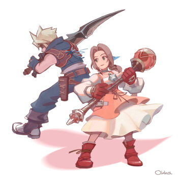 1boy 1girl aerith_gainsborough aerith_gainsborough_(garnet's_gown) aqua_ribbon artist_name bare_shoulders belt black_boots black_gloves blonde_hair blue_pants blue_vest boots braid braided_ponytail brown_belt brown_hair choker cloud_strife cloud_strife_(zidane's_outfit) commentary cosplay cropped_vest crystal dress english_commentary fighting_stance final_fantasy final_fantasy_vii final_fantasy_vii:_ever_crisis full_body garnet_til_alexandros_xvii garnet_til_alexandros_xvii_(cosplay) gloves grey_choker hair_ribbon highres holding holding_staff jewelry juliet_sleeves long_dress long_hair long_sleeves official_alternate_costume okha orange_dress pants parted_bangs pendant petticoat puffy_sleeves red_boots red_gloves ribbon sharp_teeth shirt short_hair sidelocks single_braid sleeveless sleeveless_shirt staff suspenders teeth vest white_background white_shirt zidane_tribal zidane_tribal_(cosplay)