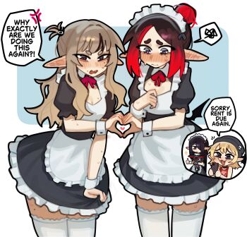 3: 4girls :3 :d absurdres alternate_costume anger_vein bare_arms black_eyes black_hair blonde_hair blush breasts brown_hair chibi chibi_inset cleavage commentary cowboy_shot ear_blush eleanor_(justadrian) embarrassed english_commentary enmaided fangs frilled_thigh_strap gradient_hair grey_eyes hair_bun heart heart_hands heart_hands_duo highres justadrian_(yoadriandk) licorice_(justadrian) long_hair long_pointy_ears maid maid_headdress mavie_(justadrian) mole mole_on_breast mole_under_eye multicolored_hair multiple_girls neck_ribbon nose_blush open_mouth original parted_bangs pointy_ears puffy_short_sleeves puffy_sleeves raised_inner_eyebrows red_hair red_ribbon ribbon scarlett_(justadrian) short_sleeves simple_background small_breasts smile speech_bubble spoken_anger_vein spoken_squiggle squiggle thick_eyebrows thigh_strap thighhighs thumbs_up wavy_mouth white_thighhighs wrist_cuffs zettai_ryouiki