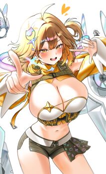 1girl absurdres ahoge anis_(nikke) bandeau blush breasts brown_eyes brown_hair cleavage commentary english_commentary goddess_of_victory:_nikke highres huge_breasts ice_bear idol looking_at_viewer midriff navel official_alternate_costume open_mouth shrug_(clothing) smile solo thighs white_background white_bandeau wireless_earphones yellow_shrug