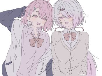 2girls long_hair multiple_girls nijisanji pink_hair sasaki_saku school_uniform shiina_yuika very_long_hair virtual_youtuber wanwa