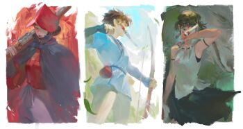 Rule 34 | 1boy, 2girls, absurdres, armlet, ashitaka, bare shoulders, black cloak, black hair, blue tunic, border, bow (weapon), breasts, brown hair, circlet, cloak, cowboy shot, eboshi, facial mark, fighting stance, grey pants, gun, hashtag-only commentary, hat, highres, holding, holding bow (weapon), holding gun, holding weapon, inog-eun, jewelry, knife, long hair, medium breasts, mononoke hime, multiple girls, necklace, over shoulder, pants, red hat, red lips, rifle, san (mononoke hime), shirt, short hair, tooth necklace, tunic, updo, weapon, weapon over shoulder, white border, white shirt