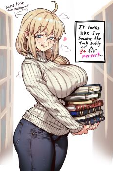 1girl absurdres aesc_(fate) aesc_(rain_witch)_(fate) ahoge blonde_hair blue_eyes blush book breasts ebora fate/grand_order fate_(series) glasses heart heart-shaped_pupils highres holding holding_book large_breasts licking_lips long_hair open_mouth round_eyewear smile solo sweater symbol-shaped_pupils tongue tongue_out turtleneck turtleneck_sweater variant_set