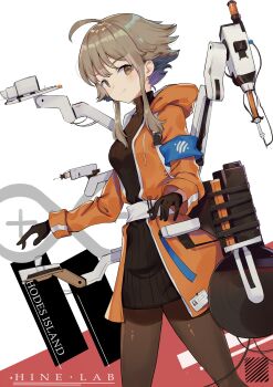 1girl 523_(user_efcm2455) absurdres ahoge arknights armband blue_armband brown_eyes brown_gloves brown_hair brown_sweater gloves hair_between_eyes highres hood hood_down hoodie huge_filesize jacket long_sleeves machine mayer_(arknights) open_clothes open_jacket orange_jacket pantyhose rhine_lab_logo ribbed_sweater short_hair short_hair_with_long_locks sidelocks silver_hair smile solo standing sweater