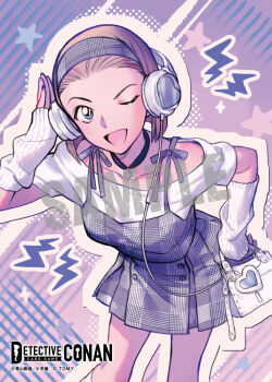 Rule 34 | 1girl, ;d, arm warmers, bag, black hairband, black skirt, blue eyes, brown hair, buttons, collarbone, copyright logo, copyright notice, double-breasted, feet out of frame, hairband, hand on headphones, headphones, heart, heart necklace, highres, holding, holding bag, jewelry, leaning forward, logo, looking at viewer, meitantei conan, meitantei conan card game, miniskirt, necklace, official art, one eye closed, open mouth, overall skirt, p-nekor, pleated skirt, purple background, purple theme, sample watermark, shirt, short hair, short sleeves, skirt, smile, socks, solo, standing, star (symbol), suzuki sonoko, watermark, white arm warmers, white shirt, white socks