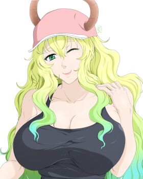1girl alphadeltaart black_tank_top blonde_hair breasts dragon_horns hat highres horns huge_breasts kobayashi-san_chi_no_maidragon large_breasts lucoa_(maidragon) mature_female multicolored_hair one_eye_closed pale_skin pink_hat pink_lips smile solo solo_focus streaked_hair tank_top wavy_hair