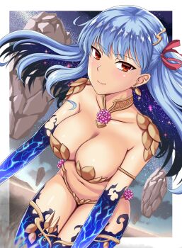 1girl armlet armor bikini_armor blue_hair blush border breasts cleavage closed_mouth collarbone detached_sleeves earrings fate/grand_order fate_(series) female_focus floating_hair floating_rock flower hair_ribbon highres jewelry kama_(adult)_(fate) kama_(assassin)_(third_ascension)_(fate) kama_(fate) kama_(third_ascension)_(fate) large_breasts leaning leaning_forward light_smile lightning_print long_hair looking_at_viewer lotus midriff navel neck necklace orange_eyes purple_sleeves purple_thighhighs red_ribbon revealing_clothes ribbon rock ruaranhroi smile solo strapless thighhighs thunder_print type-moon white_border