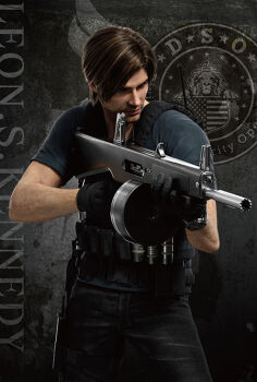 1boy 3d aa-12 arm_hair automatic_shotgun black_gloves black_pants blue_shirt brown_hair bulletproof_vest capcom character_name closed_mouth cross_promotion crossover drum_magazine explosive gloves grenade gun hand_grenade high-capacity_magazine holding holding_weapon leon_s._kennedy little_armory magazine_(weapon) male_focus official_art pants parted_bangs quebico resident_evil resident_evil:_death_island shirt short_hair short_sleeves shotgun simple_background solo standing tms_entertainment tomytec watch weapon wristwatch