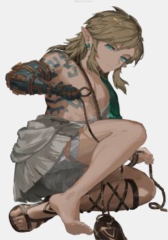 1boy aqua_eyes arm_markings bandaged_leg bandages blonde_hair body_markings earrings full_body gladiator_sandals hair_between_eyes highres holding holding_rope jewelry link long_hair male_focus nintendo pointy_ears rope sandals sidelocks single_bare_foot sitting solo the_legend_of_zelda the_legend_of_zelda:_tears_of_the_kingdom tsujieiri white_background