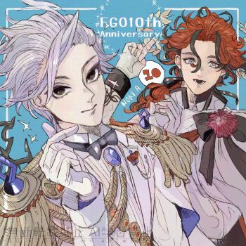 Rule 34 | 2boys, ahoge, aiguillette, anniversary, black eyes, black hair, blush, bow, bowtie, curly hair, dante alighieri (fate), epaulettes, fate/grand order, fate (series), finger heart, formal clothes, gloves, grey eyes, grey hair, highres, jacket, james moriarty (ruler) (fate), kinnoashihara, long sleeves, looking at viewer, male focus, medium hair, multicolored hair, multiple boys, open mouth, ponytail, red hair, shirt, short hair, smile, two-tone hair