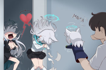 1boy 2girls ahoge animal_ear_fluff animal_ears black_choker black_hair black_skirt blue_archive blue_scarf breast_pocket breasts choker cleavage commentary_request cross_hair_ornament dual_persona falling grey_hair hair_between_eyes hair_ornament halo heart highres holding holding_paper large_breasts long_hair long_sleeves looking_at_another medium_hair multiple_girls paper paper_stack peeking_out pocket scarf sensei_(blue_archive) shiroko_(blue_archive) shiroko_terror_(blue_archive) shirt sidelocks skirt small_breasts summer_uniform vilde_loh_hocen white_shirt wide_sleeves wolf_ears wolf_girl