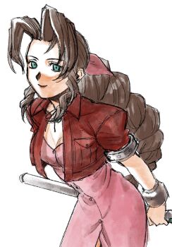 1girl aerith_gainsborough arms_behind_back bangle bracelet braid braided_ponytail breasts brown_hair center_opening choker closed_mouth commentary_request cowboy_shot cropped_jacket dress final_fantasy final_fantasy_vii green_eyes hair_ribbon hideyo746 highres holding holding_behind_back holding_staff holding_weapon_behind_back jacket jewelry leaning_forward light_smile long_hair medium_breasts parted_bangs pink_dress pink_ribbon puffy_short_sleeves puffy_sleeves red_jacket ribbon ribbon_choker short_sleeves sidelocks single_braid solo staff white_background
