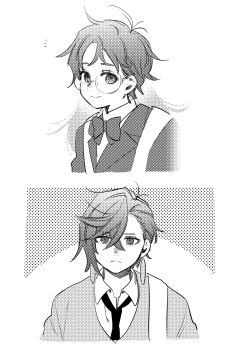 Rule 34 | 1boy, 1girl, ayase momo, border, bow, bowtie, collared shirt, commentary request, cowlick, crossed bangs, dandadan, earrings, frown, genderswap, genderswap (ftm), genderswap (mtf), glasses, greyscale, hair between eyes, highres, jacket, jewelry, light blush, light smile, looking at viewer, messy hair, monochrome, mrmgn le, parted bangs, round eyewear, screentones, shirt, short hair, suit jacket, takakura ken (dandadan), upper body, white border