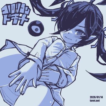 1girl backbeako_(torotei) backbeard blue_background blue_theme blush bottomless breasts closed_mouth commentary covering_crotch covering_privates dated dated_commentary dutch_angle embarrassed from_below gegege_no_kitarou gluteal_fold hair_over_one_eye hair_ribbon kono_lolicon_domome loli long_hair long_sleeves looking_at_viewer monochrome naked_shirt one_eye_closed original paid_reward_available partially_unbuttoned pointy_ears pussy pussy_peek ribbon ringed_eyes shirt simple_background small_breasts solo sweatdrop torotei translated twintails watermark web_address