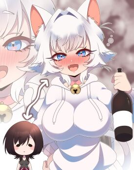 Rule 34 | 2girls, :d, absurdres, animal ear fluff, animal ears, arrow (symbol), bell, blue eyes, blush, blush stickers, bonnouji momoha, bottle, breasts, brown hair, cat ears, cat girl, cat tail, chibi, chibi inset, choker, commentary, drawstring, drunk, english commentary, erigo, fang, hair intakes, hand on own hip, heart, heart in eye, highres, holding, holding bottle, hood, hood down, hoodie, huge breasts, jingle bell, kimi no koto ga dai dai dai dai daisuki na 100-nin no kanojo, long sleeves, multiple girls, neck bell, nekonari tama, nose blush, open mouth, personality switch, pink choker, short hair, smile, solid oval eyes, squeans, symbol in eye, tail, white hair, white hoodie, zoom layer