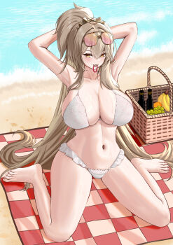 1girl absurdres arms_behind_head azur_lane banana basket beach bikini breasts brown_hair cleavage eyewear_on_head food frilled_bikini frills fruit grapes hair_between_eyes hair_tie_in_mouth hands_in_own_hair highres huge_breasts kneeling lace lace-trimmed_bikini lace_trim lion_(azur_lane) lion_(the_reclining_dandelion)_(azur_lane) long_hair looking_at_viewer mouth_hold navel official_alternate_costume orange-framed_eyewear picnic_basket picnic_blanket pink-tinted_eyewear sand solo swimsuit tinted_eyewear tying_hair very_long_hair water white_bikini zbfmkc