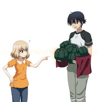 1boy 1girl absurdres apologizing crossover from_the_north girls_und_panzer girls_und_panzer_das_finale girls_und_panzer_der_film girls_und_panzer_gekijouban girls_und_panzer_saishuushou girls_und_panzer_senshadou_daisakusen! highres holding holding_pumpkin itou_makoto_(school_days) katyusha_(girls_und_panzer) key_(gaigaigai123) kita_no_kuni_kara pointing pointing_at_object pumpkin school_days school_days_hq school_days_lxh