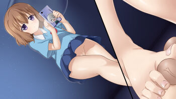 1girl absurdres ball_busting barefoot bdsm between_toes blend_s brown_hair cbt cellphone censored closed_mouth collared_shirt crotch_kick dutch_angle feet footjob hair_between_eyes highres holding holding_phone hoshikawa_mafuyu kindergarten_uniform loli mosaic_censoring no_panties phone purple_eyes pussy riben_donghua shirt short_sleeves smartphone solo_focus split_screen standing testicles toenails toes upskirt