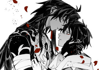 2boys bandaged_arm bandages blade_(honkai:_star_rail) chinese_clothes closed_mouth dan_heng_(honkai:_star_rail) earrings flower gloves greyscale hair_between_eyes hand_on_another's_face hashtag-only_commentary height_difference honkai:_star_rail honkai_(series) jewelry long_hair looking_at_another looking_down looking_up male_focus monochrome multiple_boys red_flower single_glove stud_earrings teeth thick_eyebrows zhao_yi