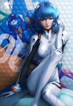 1girl adjusting_hair against_wall arm_support ayanami_rei blue_hair bodysuit bracer breasts eva_00 female_focus gloves hair_between_eyes hair_ornament hexagon highres honeycomb_(pattern) honeycomb_background honeycomb_pattern humanoid_robot interface_headset_(evangelion) knee_up lips looking_at_viewer mecha mecha_pilot_suit medium_breasts neon_genesis_evangelion nerv plugsuit_(evangelion) realistic red_eyes robot short_hair signature sitting solo stanley_lau turtleneck