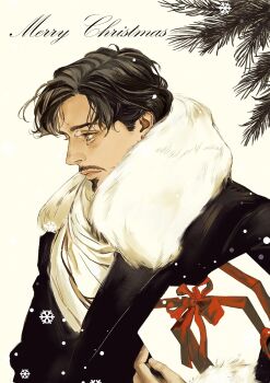 1boy black_coat box coat commentary english_commentary fur_trim gift gift_box highres holding holding_gift iron_man_(series) male_focus malkogromit marvel merry_christmas parted_hair shirt simple_background solo tony_stark upper_body white_background white_fur white_shirt