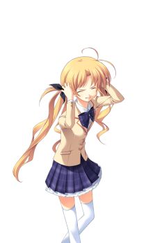 1girl antenna_hair black_bow blazer blonde_hair bow bowtie breasts brown_jacket chaos;head closed_eyes collared_shirt dress_shirt facing_viewer game_cg hair_bow hands_in_own_hair jacket looking_at_viewer matsuo_yukihiro miniskirt non-web_source official_art orihara_kozue pain petticoat plaid_bow plaid_bowtie plaid_clothes plaid_skirt purple_bow purple_bowtie school_uniform science_adventure shirt skirt small_breasts solo sprite suimei_academy_school_uniform thighhighs transparent_background twintails white_shirt white_thighhighs winter_uniform zettai_ryouiki