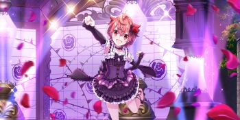 1girl :d arch arm_up armpits bare_shoulders blurry blurry_foreground bow bow_flower bowtie clenched_hands collarbone corset cowboy_shot diffraction_spikes dot_nose double-parted_bangs dress elbow_gloves falling_petals fang flower frilled_dress frilled_skirt frills game_cg gloves hair_bow hair_flaps hair_ornament hairclip high_heels highres lapis_re:lights layered_skirt leg_ribbon looking_at_viewer messy_hair official_art open_mouth orange_hair partially_fingerless_gloves petals pumps purple_bow purple_bowtie purple_corset purple_dress purple_gloves purple_ribbon purple_shoes purple_skirt red_eyes red_flower red_petals red_rose ribbon rose salsa_(lapis_re:lights) shoes short_hair skin_fang skirt sleeveless sleeveless_dress smile solo stage stage_lights standing standing_on_one_leg third-party_source tile_wall tiles tree white_skirt