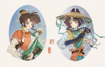 Rule 34 | 2girls, :d, an-an lee, an-an lee (between clouds and pine trees), belt, between fingers, black belt, black gloves, black hair, braid, brown hat, chinese commentary, chinstrap, closed mouth, coat, commentary request, cone hair bun, double bun, fuzi, gloves, green headband, green robe, hair bun, hand up, hands up, hat, headband, holding, holding ofuda, holding sword, holding weapon, layered sleeves, liang yue (reverse:1999), long braid, long sleeves, looking to the side, multiple girls, official alternate costume, ofuda, ofuda between fingers, open mouth, orange shirt, oval image, reverse:1999, rice hat, robe, seal impression, seal script, shirt, short over long sleeves, short sleeves, single braid, single glove, smile, sword, upper body, vambraces, weapon, white coat, xiao guan (headdress), yellow eyes, yi yi tiantang