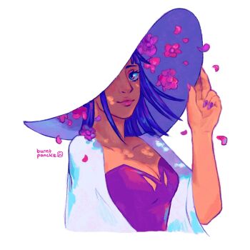 1girl artist_name blending blunt_bangs burntpancke cape closed_mouth commentary dress eyelashes falling_petals flower hat highres looking_at_viewer medium_hair nico_robin one_piece one_piece:_baron_omatsuri_and_the_secret_island petals purple_dress purple_nails simple_background smile solo upper_body white_background white_cape