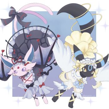 alternate_color angel_wings bat_wings black_eyes blush border bow colored_sclera commentary_request dress espeon feathered_wings forked_tail frilled_dress frills gen_2_pokemon halo highres nintendo no_humans pokemon pokemon_(creature) pokemon_focus purple_eyes ribbon shiny_pokemon sparkle tail tail_bow tail_ornament twitter_username umbreon white_border wings yellow_sclera yuuri_(yr0471_0)