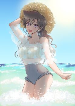 1girl arm_behind_head arm_up bare_arms bare_shoulders blue_sky blush braid breasts brown_hair collarbone cowboy_shot crop_top dc_hatobannu earrings frilled_shorts frilled_skirt frills grey_shorts hair_between_eyes hat high-waist_shorts highres jewelry long_hair looking_at_viewer medium_breasts meitantei_conan midriff_peek mouri_ran ocean open_mouth outdoors partially_submerged pearl_earrings purple_eyes see-through_clothes see-through_shirt shirt shorts skirt sky solo spaghetti_strap straw_hat summer sunlight water wavy_hair