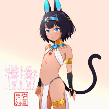 1girl absurdres ancient_egyptian ancient_egyptian_clothes animal_ears armlet black_hair blue_eyes bridal_gauntlets cat_ears cat_girl cat_tail commentary_request dark-skinned_female dark_skin flat_chest gold_armlet gold_thighlet gradient_background highres brown_egyptian_cat-eared_loli_(trend) jewelry loli looking_at_viewer mayafufu navel original pelvic_curtain short_hair solo standing stomach tail thighlet thighs
