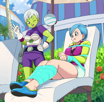 2girls absurdres bdsm black_bra blue_eyes blue_hair blush bondage bound bound_arms bound_legs bound_wrists bra breasts bulma cheelai cleavage colored_skin dragon_ball dragon_ball_super dragon_ball_super_broly green_skin grey_hair hand_on_own_hip highres jacket jewelry large_breasts legs lost_one_zero matching_hair/eyes mature_female medium_breasts multiple_girls necklace one_eye_closed open_clothes open_jacket purple_eyes shorts sweat thighs underwear white_shorts wink