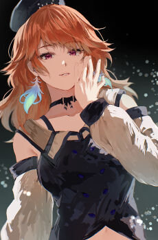 1girl adapted_costume black_choker black_hat black_shirt choker commentary detached_sleeves earrings hat highres hololive hololive_english itagaku jewelry long_hair long_sleeves looking_at_viewer midriff navel orange_hair red_eyes shirt solo takanashi_kiara takanashi_kiara_(1st_costume) upper_body virtual_youtuber