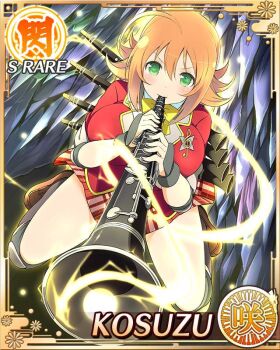 1girl ahoge ankle_socks armor aura blowing border breasts card_(medium) chainmail character_name clarinet elbow_pads english_text fishnets game_cg green_eyes holding holding_instrument instrument jacket knee_pads kneeling kosuzu_(senran_kagura) large_breasts medium_hair official_alternate_costume official_art orange_hair plaid_clothes plaid_skirt red_jacket red_skirt senran_kagura senran_kagura_new_wave skirt socks solo