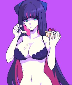 1girl aqua_eyes blunt_bangs bra breasts cake cake_slice closed_mouth colored_inner_hair commentary food food_on_body food_on_breasts food_on_face hashtag-only_commentary highres holding holding_cake holding_food holding_spoon large_breasts long_hair looking_at_viewer multicolored_hair navel panty_&amp;_stocking_with_garterbelt pixel_art pixelcadete purple_background purple_bra purple_hair simple_background solo spoon stocking_(psg) stomach underwear underwear_only upper_body