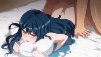1boy 1girl aiue_oka animated animated_gif ass bed blue_hair completely_nude half-closed_eyes hetero hugging_object long_hair lying mind_control nozaki_yu nude on_bed on_stomach open_mouth pillow pillow_hug pillow_princess prone_bone red_eyes saimin_seishidou sex sex_from_behind vaginal