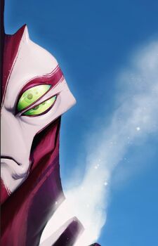 1boy alexandresar99 alien ben_10 blue_sky close-up colored_sclera colored_skin commentary english_commentary extra_eyes extra_pupils frown green_eyes green_sclera highres looking_at_viewer male_focus multicolored_skin portrait red_skin sky solo steam steaming_body two-tone_skin way_big white_skin