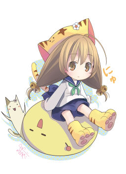 1girl :&lt; absurdres ahoge animal_ears animal_hat arms_at_sides back_bow bell blue_bow blue_sailor_collar blue_shorts boots bow brown_eyes brown_hair cat cat_ears cat_girl cat_hat cat_tail child closed_mouth commentary_request creature di_gi_charat expressionless flower full_body gema green_neckerchief hair_bell hair_ornament hat hat_flower highres hokke_mirin jingle_bell long_hair long_sleeves looking_at_viewer low_twintails neckerchief paw_shoes pop_(electromagneticwave) puchiko puffy_shorts sailor_collar sailor_shirt shirt shorts sitting solo tail translation_request twintails white_flower white_shirt yellow_boots yellow_hat yellow_tail