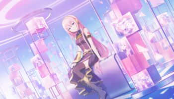 1girl 25-ji_kaito 25-ji_luka arm_tattoo black_shirt black_skirt bloom_festival_(project_sekai) blue_nails blurry bokeh boots breasts brooch closed_mouth colorful_palette depth_of_field detached_sleeves fingernails full_body game_cg hair_between_eyes highres jewelry kaito_(vocaloid) leo/need_luka long_hair megurine_luka meiko_(vocaloid) mochizuki_honami more_more_jump!_luka nail_polish number_tattoo official_art pink_hair pink_theme project_sekai purple_eyes shirt side_slit single_detached_sleeve sitting skirt sleeveless sleeveless_shirt smile solo tattoo tenma_saki third-party_source triangle vivid_bad_squad_luka vocaloid wonderlands_x_showtime_luka yellow_boots yellow_sleeves