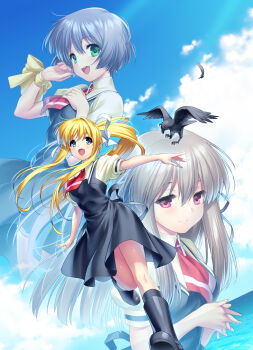 Rule 34 | 3boys, air (visual novel), black boots, black dress, black feathers, black socks, blue eyes, blue hair, blue sky, blush, boots, breast suppress, breasts, closed mouth, cloud, collared shirt, commentary request, cowboy shot, cross ornament, day, dress, dutch angle, eyelashes, feathers, floating hair, full body, green eyes, grey hair, hair between eyes, hair intakes, hair ribbon, hand up, happy, highres, interlocked fingers, kamio misuzu, kirishima kano, kneehighs, loafers, long hair, looking at viewer, medium breasts, multiple boys, necktie, ocean, open mouth, outdoors, outstretched arms, own hands together, pink eyes, ponytail, puffy short sleeves, puffy sleeves, red necktie, ribbon, school uniform, shirt, shoes, short dress, short hair, short sleeves, sidelocks, sky, sleeveless, sleeveless dress, smile, socks, sora (air), standing, standing on one leg, straight hair, teeth, toono minagi, upper body, upper teeth only, very long hair, white ribbon, wrist ribbon, yellow ribbon, yellow shirt, zen (kamuro)