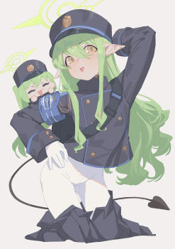 2girls absurdres arm_behind_head arm_up armband backpack bag black_bag black_hat black_jacket black_skirt black_tail blue_archive blue_armband blush buttons chinese_commentary closed_eyes clothes_pull commentary_request cropped_legs demon_girl demon_tail double-breasted facing_viewer gloves green_hair green_halo grey_background hair_between_eyes halo hand_on_own_hip hat highres hikari_(blue_archive) jacket long_hair long_sidelocks long_sleeves looking_at_viewer mini_person mini_person_on_shoulder minigirl multiple_girls nozomi_(blue_archive) open_mouth pantyhose peaked_cap pointy_ears siblings sidelocks simple_background sisters skirt skirt_pull smile tail tongue tongue_out twins white_gloves white_pantyhose xiaohatie yellow_eyes
