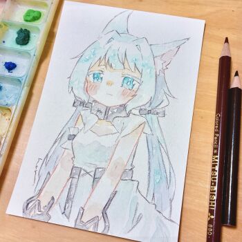 Rule 34 | 1girl, absurdres, animal ears, arknights, art tools in frame, blue eyes, blue hair, cat ears, cat girl, closed mouth, commentary request, dress, haru (aona1122), highres, long hair, low twintails, official alternate costume, photo (medium), rosmontis (arknights), rosmontis (become anew) (arknights), solo, thick eyelashes, traditional media, twintails, white dress